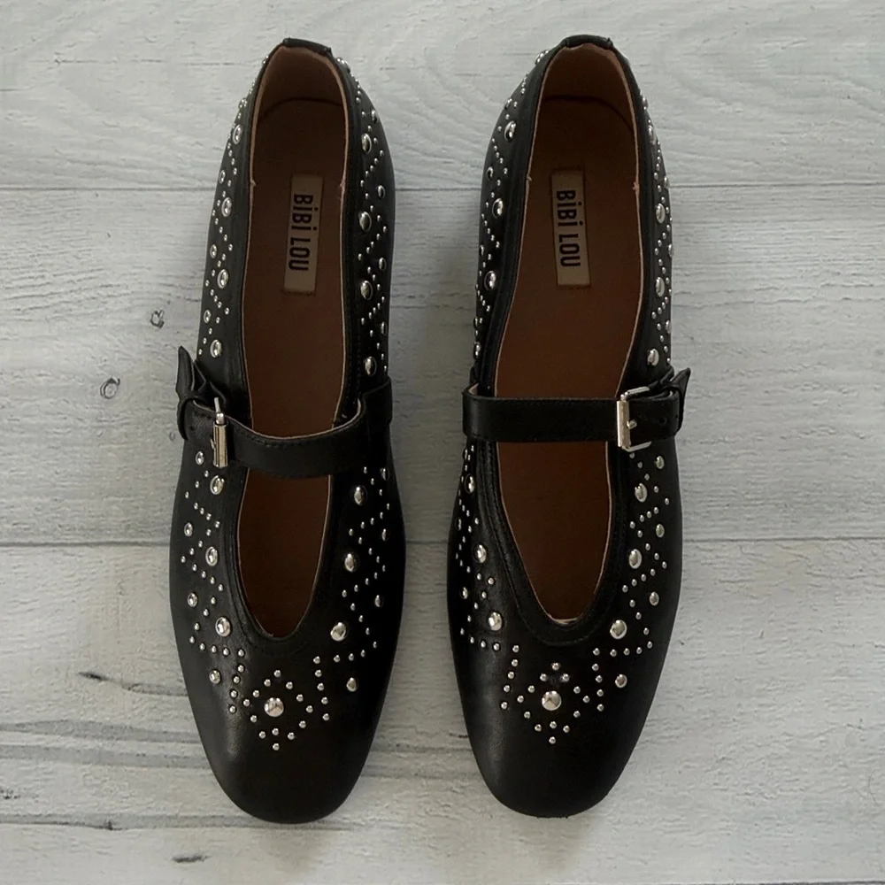 Anthropologie Bibi‎ Lou Studded Mary Jane Ballet Flats Size 39/US 8.5-9 Black
